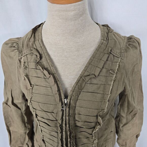 Hei Hei Anthropologie Jacket Women's 2 Olive Ruffles Zip Up Crop Pearl Buttons - Picture 2 of 10